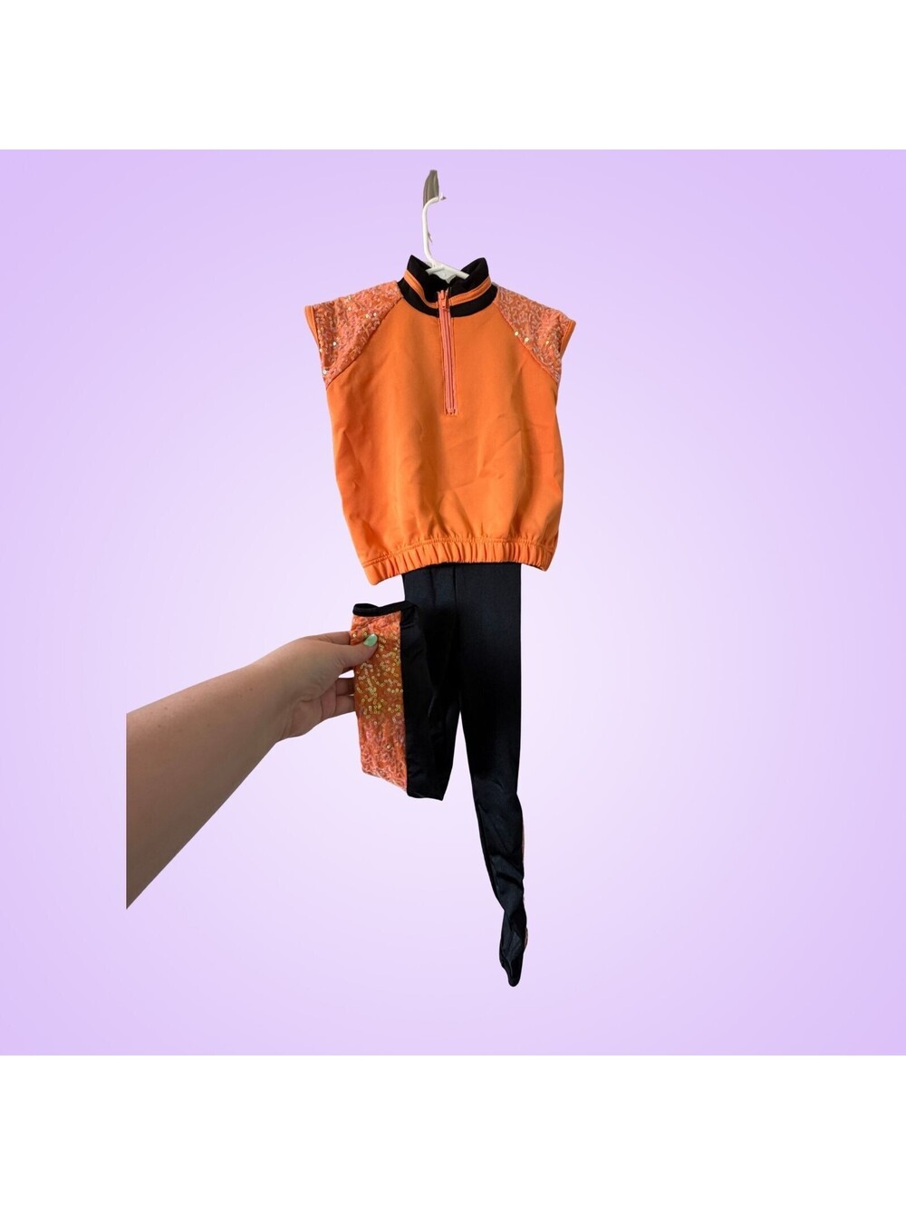Weissman Girls Small Orange Black Sequin 2 Piece Dance Costume Top and Pants Set